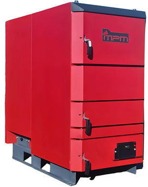 Roter Industrieheizkessel mit mehreren Zugangstüren für den MPM Wood Plus 26 kW Holzvergaser