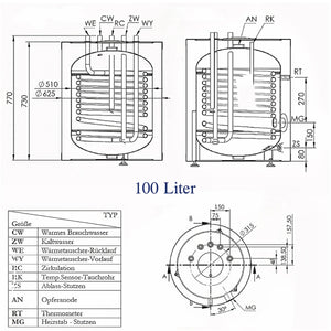 Technische Zeichnung eines 100-Liter Warmwasserspeichers für Trinkwasser