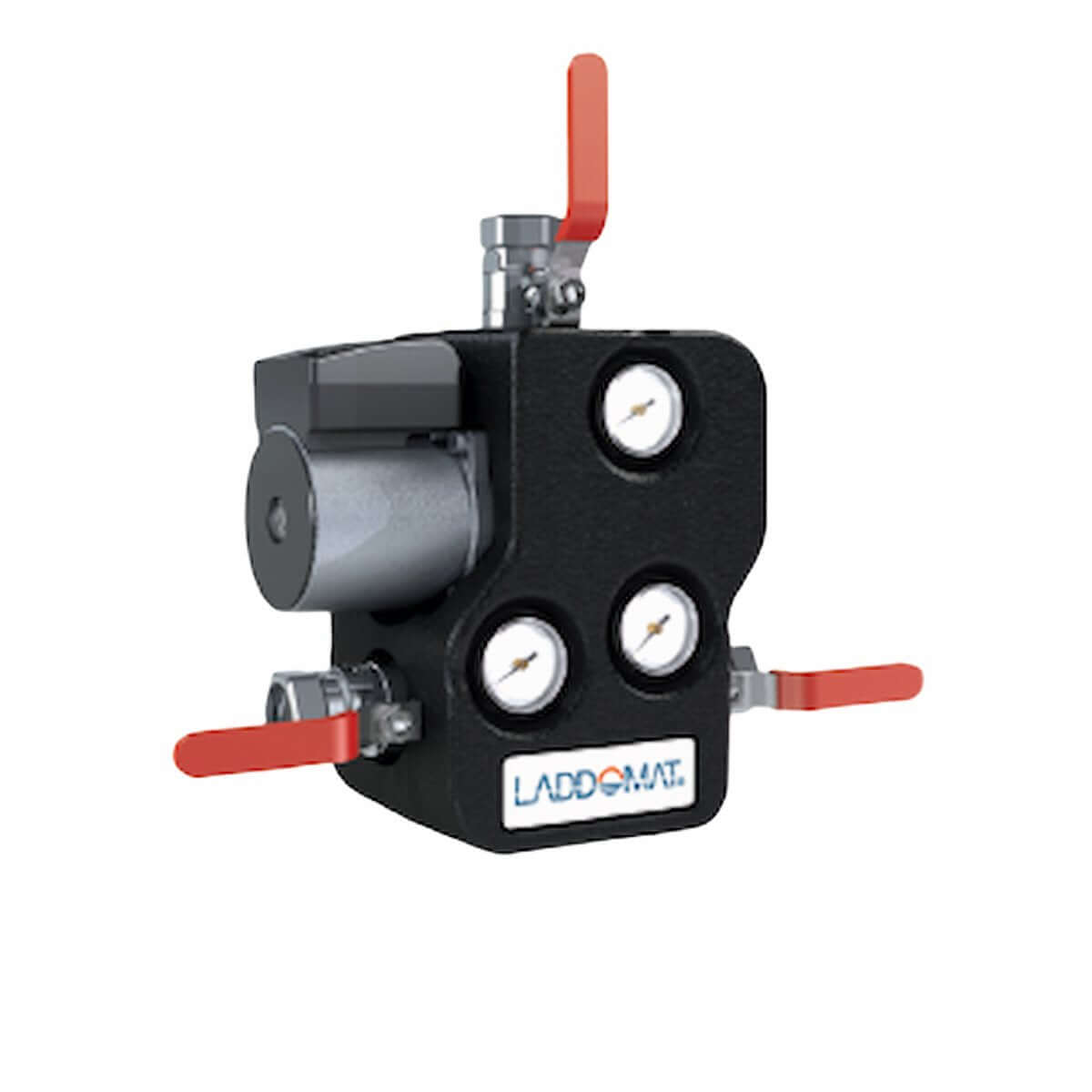 Rücklaufanhebungen für hydraulische Systeme, kompakte Bauform mit roten Hebeln und LADDOMAT-Logo.