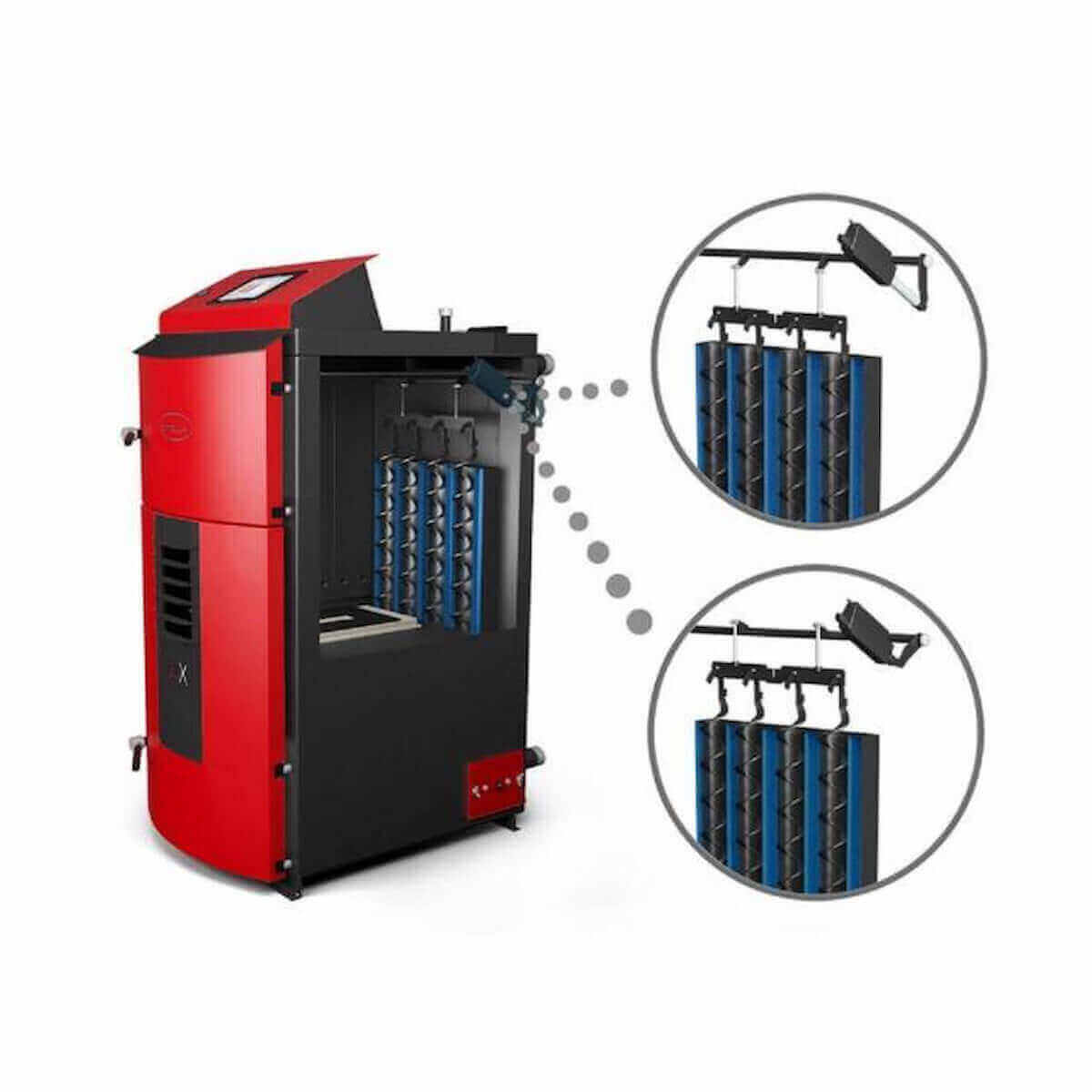 Roter und schwarzer Pelletkessel mit Innenkomponenten vom Attack SLX Kombi 30 kW