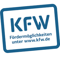 Blaues KfW Logo auf Thermoflux PID Logic Kombikessel 25 kW – Holz und Pellets