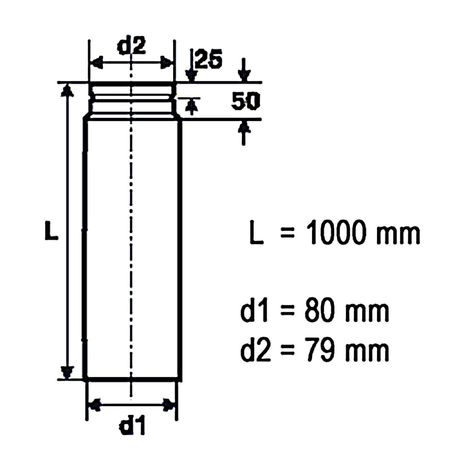 Technische Zeichnung eines Rauchrohrs für Pelletöfen (Ø 80 mm) mit Maßen in mm 📏.
