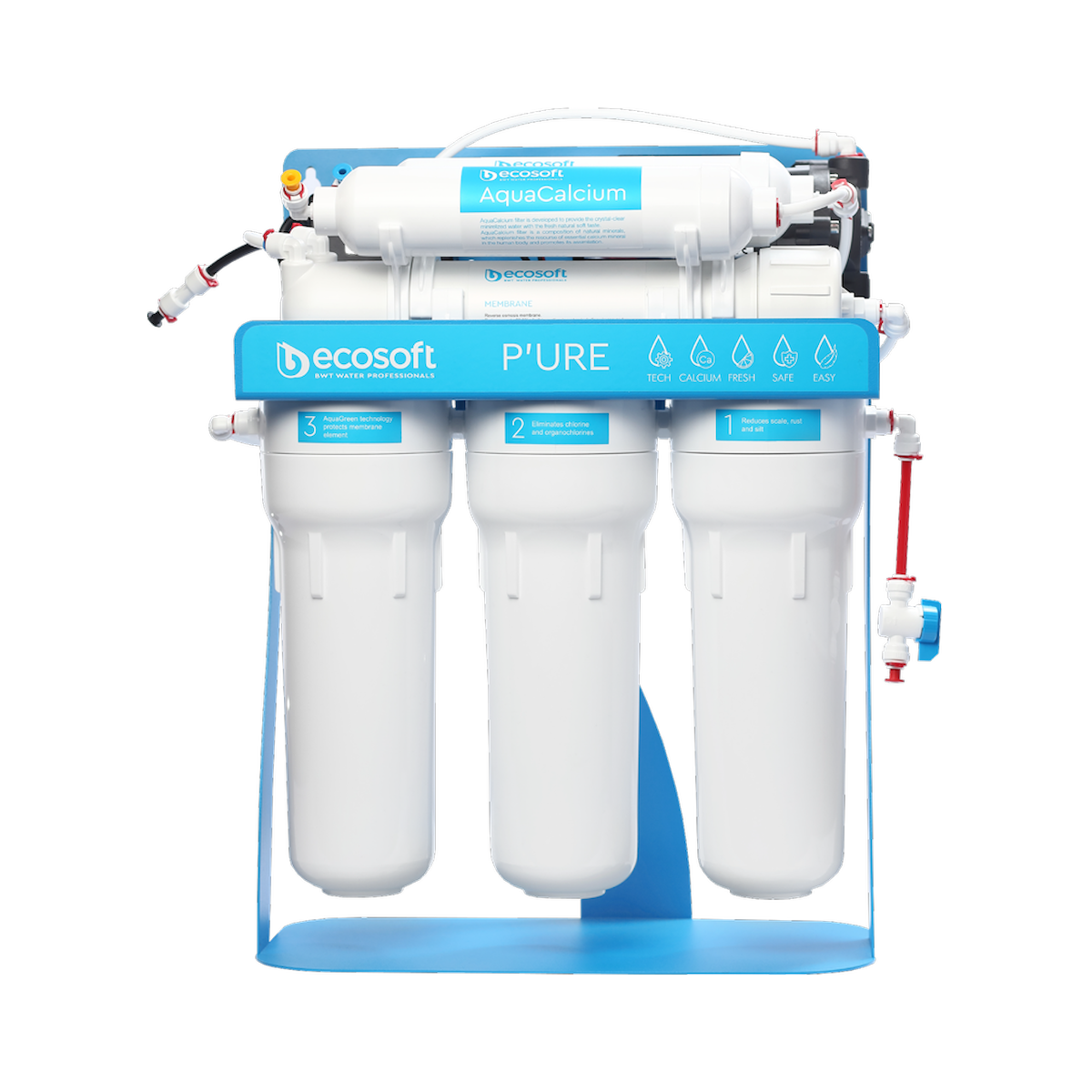 Wasserfiltrationssystem mit drei weißen zylindrischen Filtern für die Umkehrosmoseanlage Pure Aquacalcium