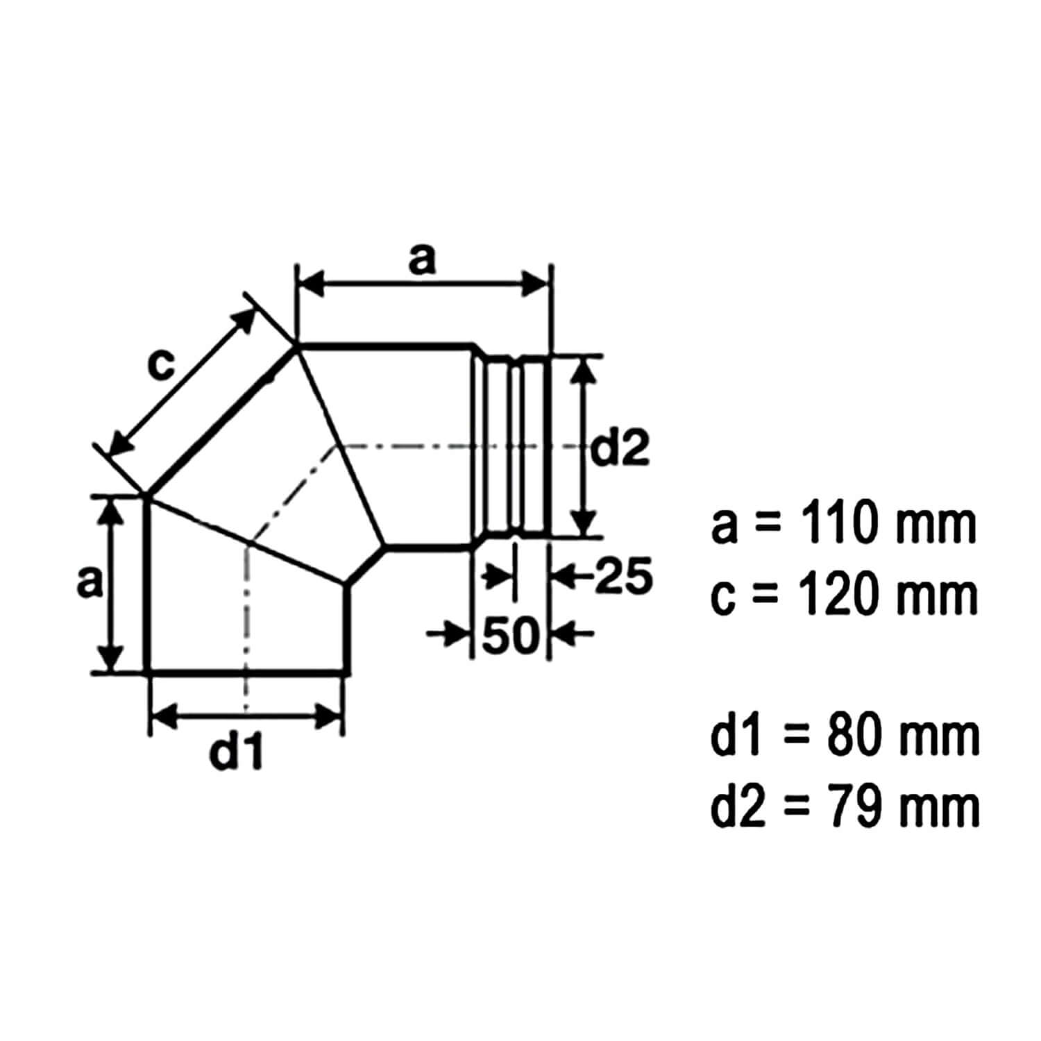 Diagramm eines 90°-Winkels für Rauchrohre, Maße: a=110mm, d1=80mm, d2=79mm, c=120mm, ideal für Pelletöfen 🔥🏡