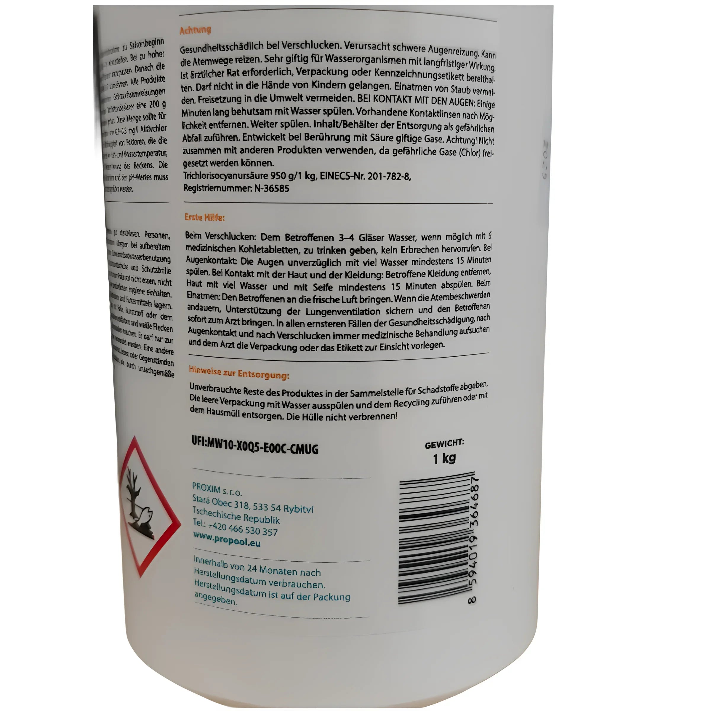 Cylindrischer Behälter mit Warnhinweisen für Pool-Chlortabletten in 5-Phasen Pflege