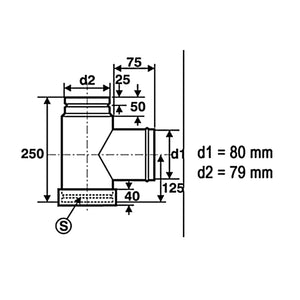 Technische Zeichnung eines Rauchrohrs für Pelletöfen (Ø 80 mm) mit Abmessungen und Anschlussdetails.