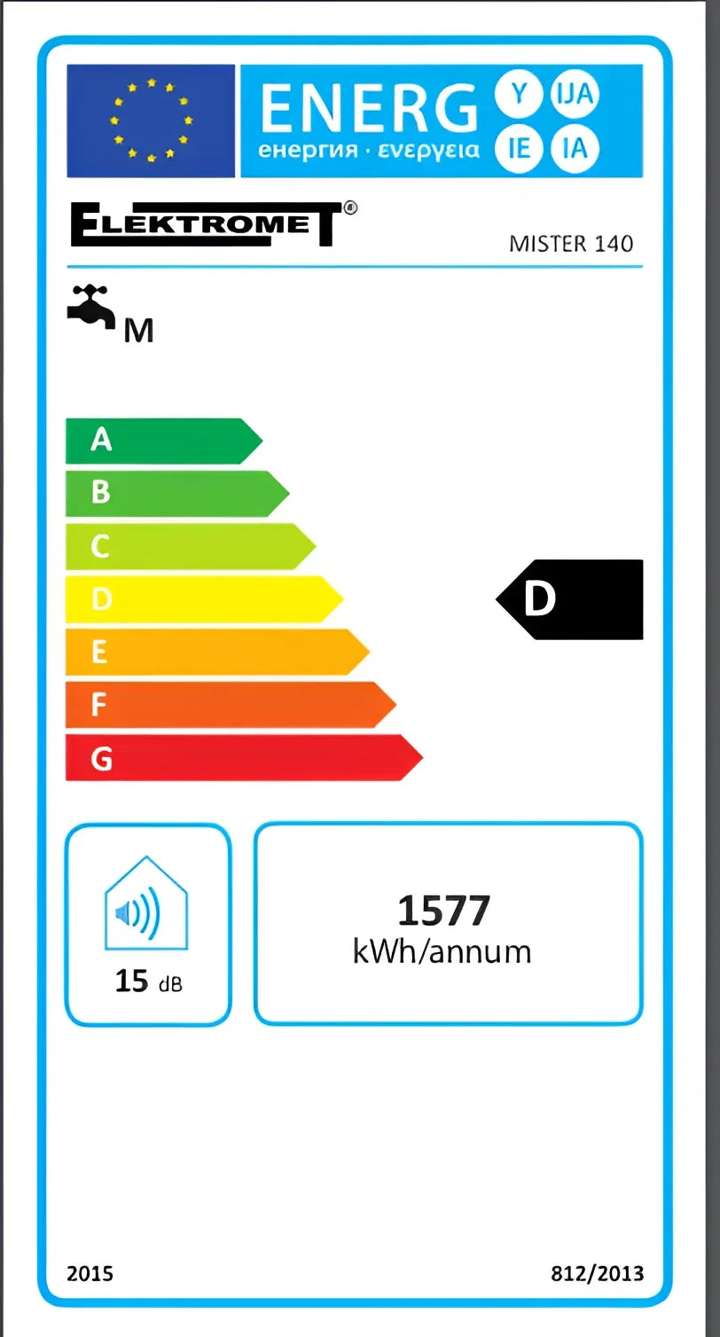 Energieeffizienzlabel für Elektromet Mister 140, Kategorie D, 15 dB, 1577 kWh/Jahr.
