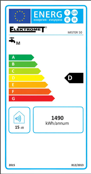 Energielabel für Elektrogerät, zeigt Effizienzklasse D, 1490 kWh/Jahr, Geräuschpegel 15 dB, Hersteller Elektromet.