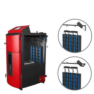 Roter und schwarzer Pelleboiler mit internen Komponenten für den Holzvergaserkessel Attack SLX Profi 30 kW