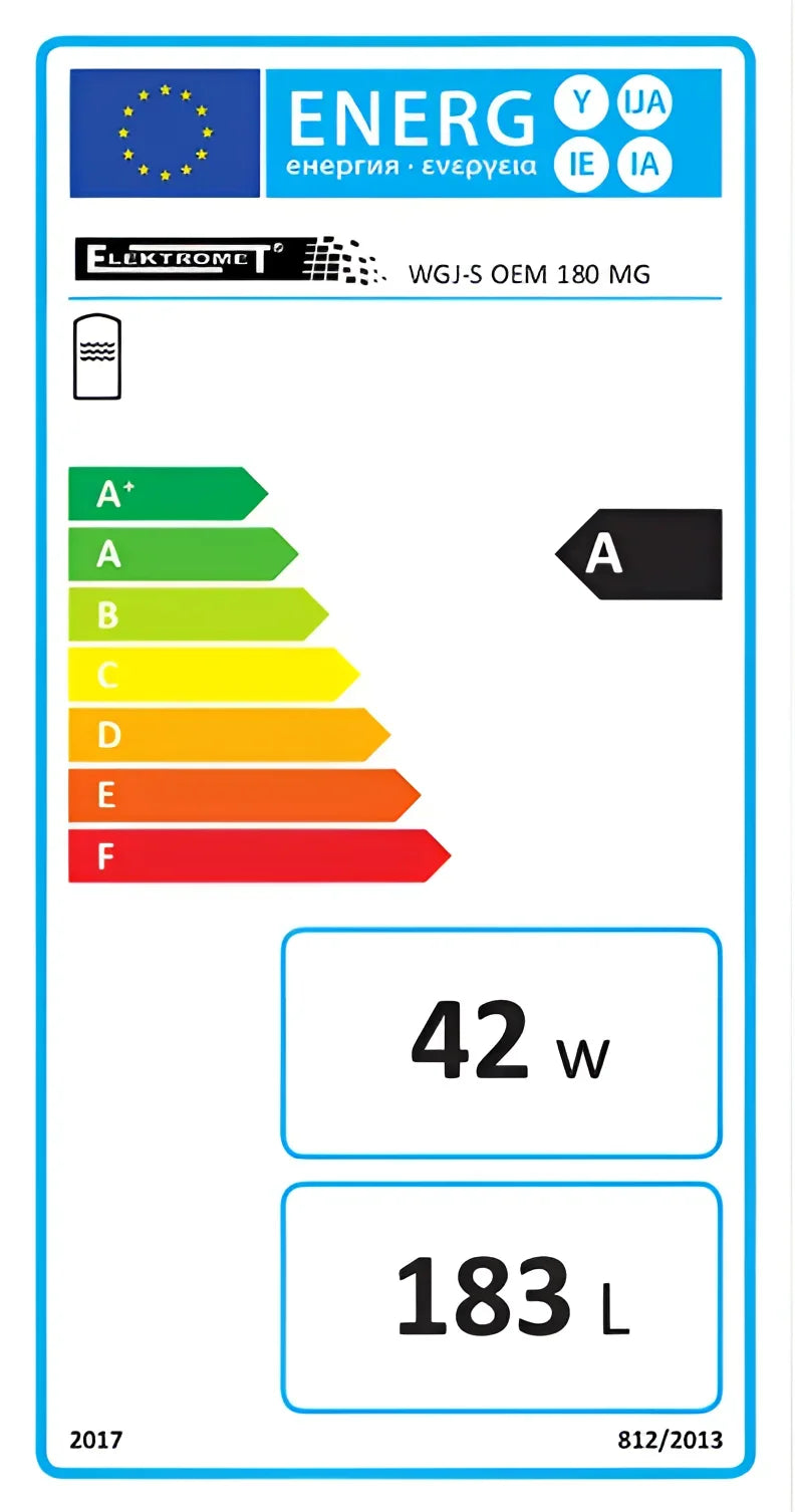 Energieeffizienzlabel für Warmwasserspeicher mit 42 W, 183 L, Bewertung A, ideal für effiziente Warmwassererwärmung 💧⚡