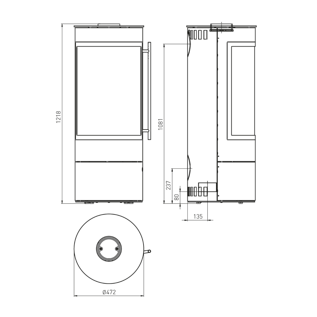Technische Zeichnung des 5 kW Kaminofens Pular Compact von Olsberg mit Maßen und Details. 🔥🛠️