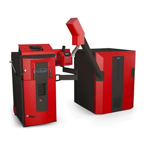 Red und schwarzer Pelletkessel Attack SLX Kombikessel für Holz und Pellets 30 kW