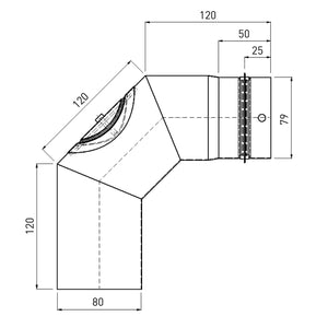 😮‍💨 Technisches Zeichnungsdiagramm eines Rauchrohrs für Pelletöfen mit Abmessungen. Ideal für Ofenanschluss.