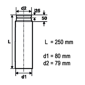 Diagramm eines Rauchrohrs für Pelletöfen mit Dimensionen: L=250mm, d1=80mm, d2=79mm. Ideal für Schornsteinanschluss.
