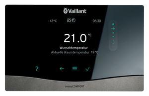 Vaillant sensocomfort room thermostat displaying 21°C 🌡️ with modern touch controls for optimal temperature control.