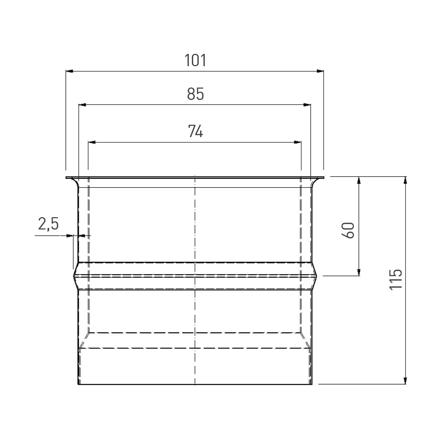 Diagramm eines Rauchrohrs für Pelletöfen mit Maßen (Ø 80 mm, H: 115 mm). Wichtig für sicheren Anschluss an den Schornstein.