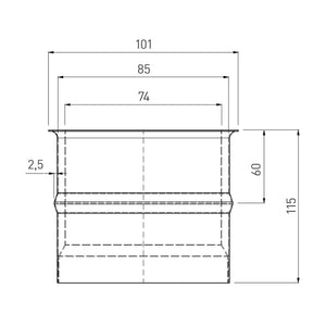 Diagramm eines Rauchrohrs für Pelletöfen mit Maßen (Ø 80 mm, H: 115 mm). Wichtig für sicheren Anschluss an den Schornstein.