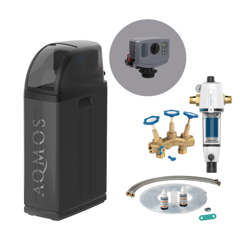 Vattenavhärdningsanläggning AQMOS R2D2-48 Black Edition Set med backspolningsfilter, anslutningssats och monteringsblock