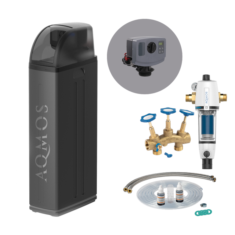 Vattenavhärdningsanläggning AQMOS R2D2-72 Black Edition Set med backspolningsfilter, anslutningssats och monteringsblock
