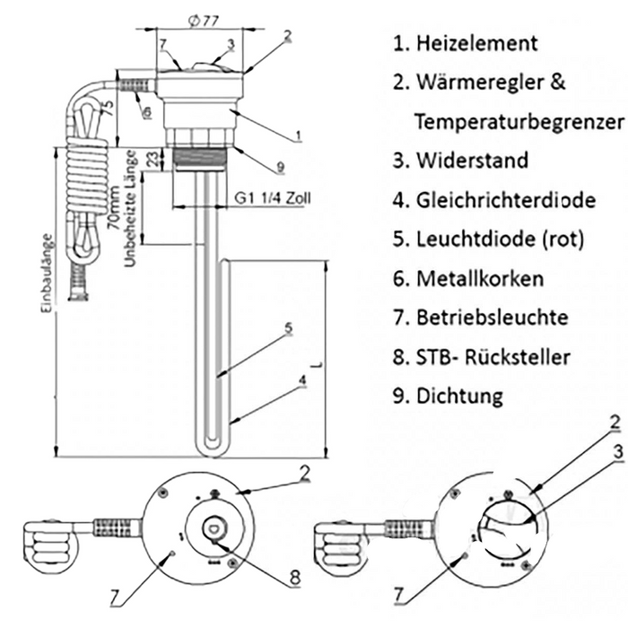 Värmepatron, värmestav 230V 1¼" AG 1,5 kW - 230V PV-lämplig