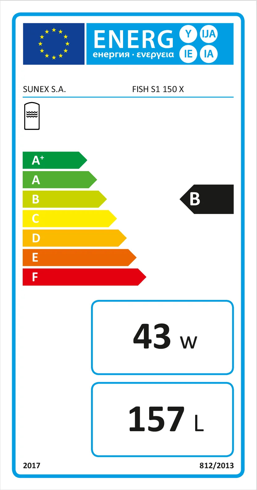 Energieeffizienzlabel für den Fish S1 Warmwasserspeicher mit S235JR Gehäuse