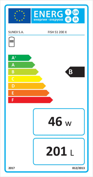 Energieetikett für Warmwasserspeicher Fish S1 X mit Effizienzklasse B, 46 W, 201 L