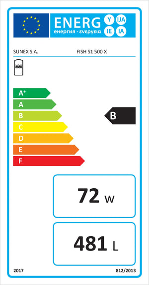 Energieetikett für Warmwasserspeicher Fish S1 X mit Effizienzklasse B, 72 W, 481 L