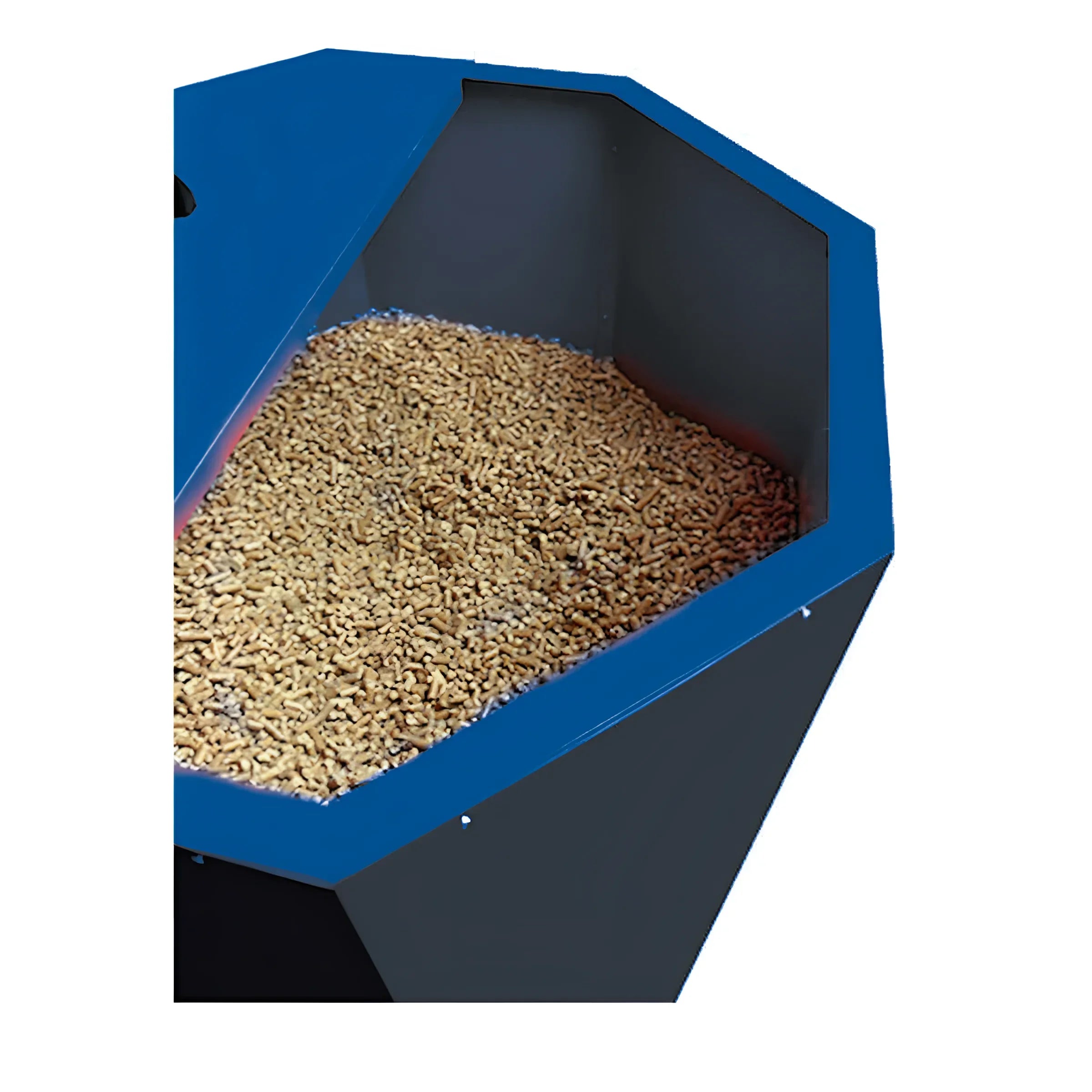 Blaue Hopper voller Pellets für Atmos Pelletsilo in durchdachter Lösung mit kompakter Bauweise