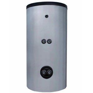Grauer Fish S1 Warmwasserspeicher mit S235JR Stahl, schwarze Oberseite und Anschlussports