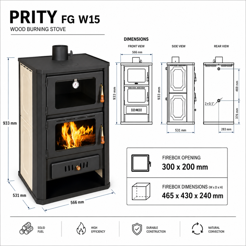 Vodní kamna na dřevo s pečícím prostorem Prity FGW15 - 19,8 kW