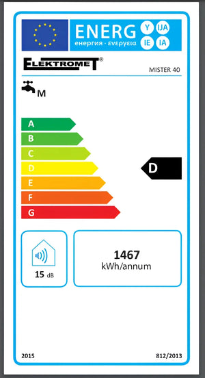 Energieeffizienzlabel für Elektromet Mister 40 mit Klassifizierung D und Jahresverbrauch von 1467 kWh/annum.