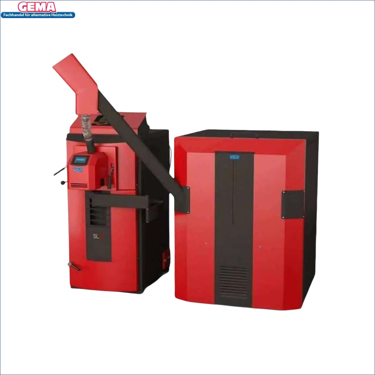 Red und schwarzer Pelletkessel Attack SLX Kombikessel für Holz und Pellets 35 kW