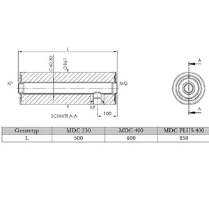 Technische Zeichnung eines zylindrischen Durchlauferhitzers MDC 230 plus 2 kW Heizstab