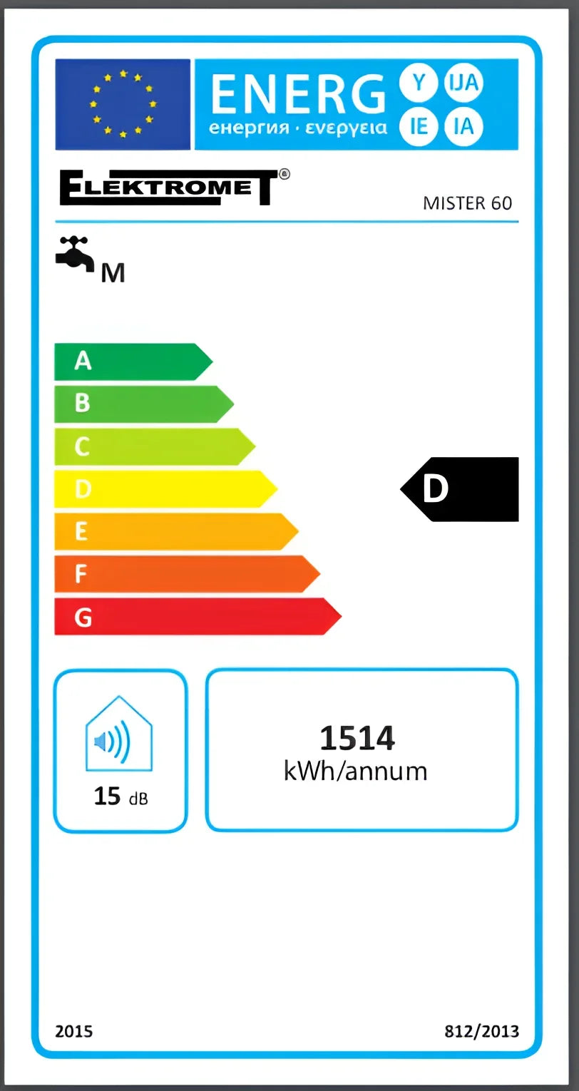 Energieeffizienzlabel für Elektrogerät Mister 60, inklusive Geräuschpegel und Energieverbrauch ⚡️📊
