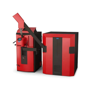 Red und schwarze Pelletkessel Attack SLX Kombikessel für Holz und Pellets 30 kW