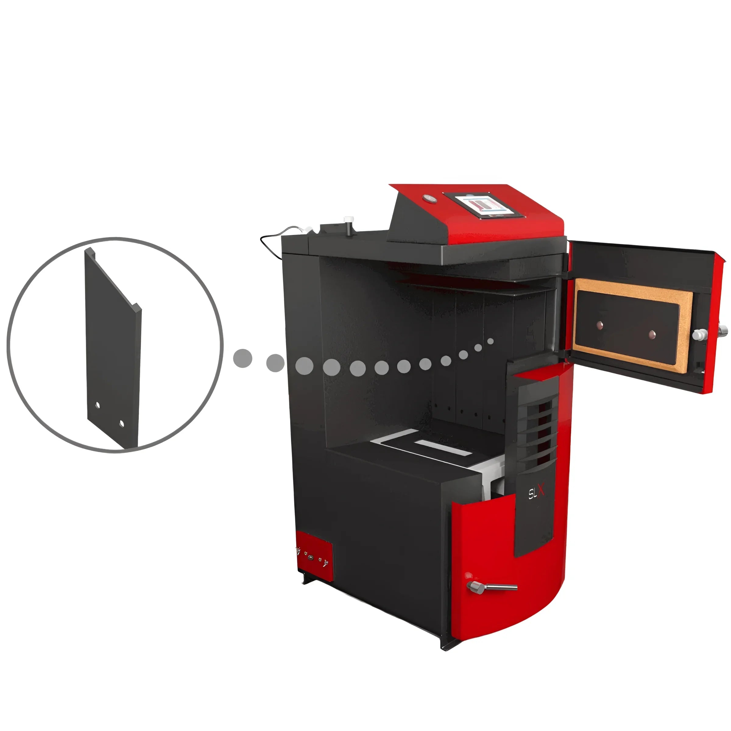 Roter und schwarzer Pelletkessel mit offenem Tür im Produkt Holzvergaserkessel Attack SLX Profi 30 kW