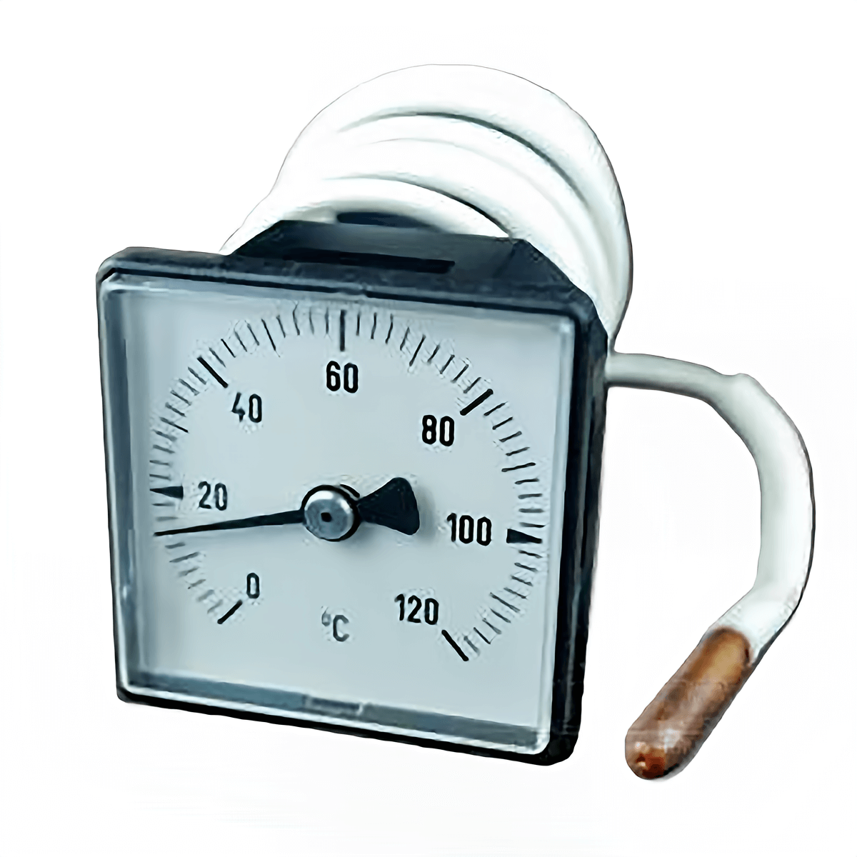 Analoges Thermometer Defro DS 📏 zur Kesseltemperaturmessung 🔥. Quadratisch, direkt im Heizkessel einsetzbar.