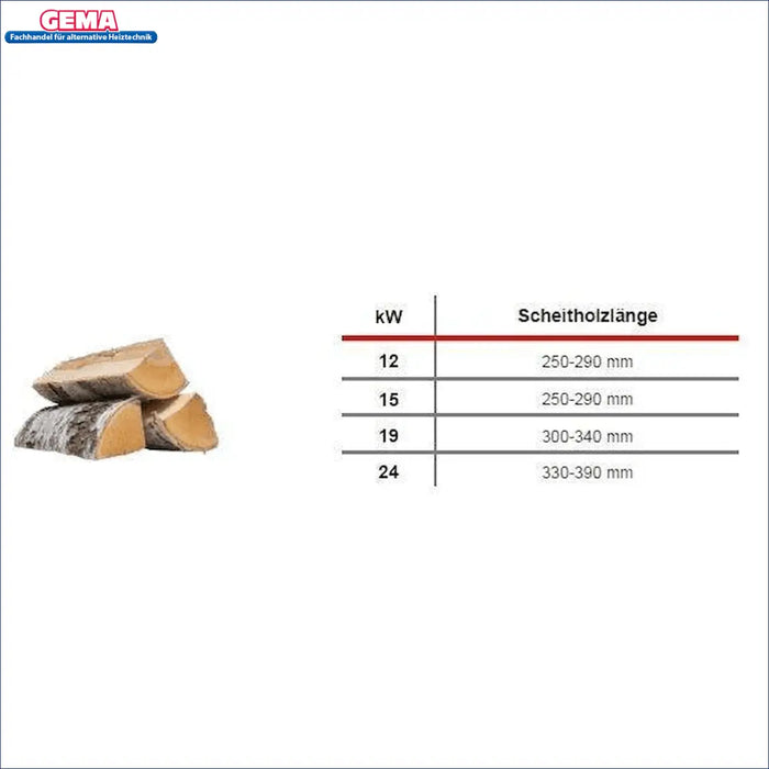 Defro Firewood Plus specifications: Firewood lengths for 12, 15, 19, and 24 kW boilers. 🔥🌲