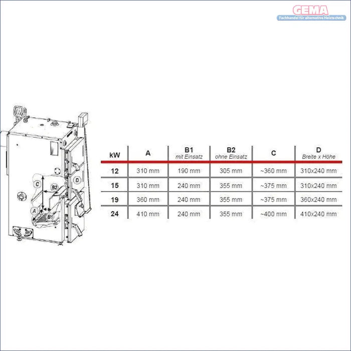 Technische Diagramm mit Maßen für Defro Firewood Plus 24 kW Offener Festbrennstoffkessel