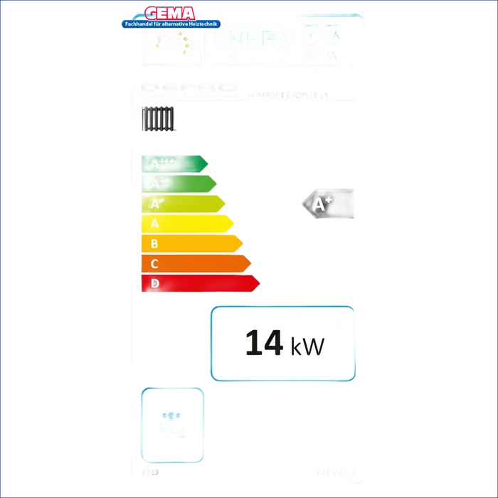 Energieeffizienzlabel für das Heizgerät Defro Komfort Ekopell 14 kW Kombikessel