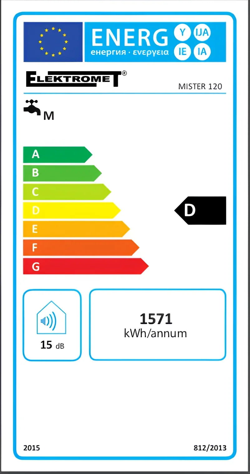 Energieeffizienzlabel für Elektromet Mister 120, zeigt Klasse D, 1571 kWh/Jahr, Geräusch 15 dB.
