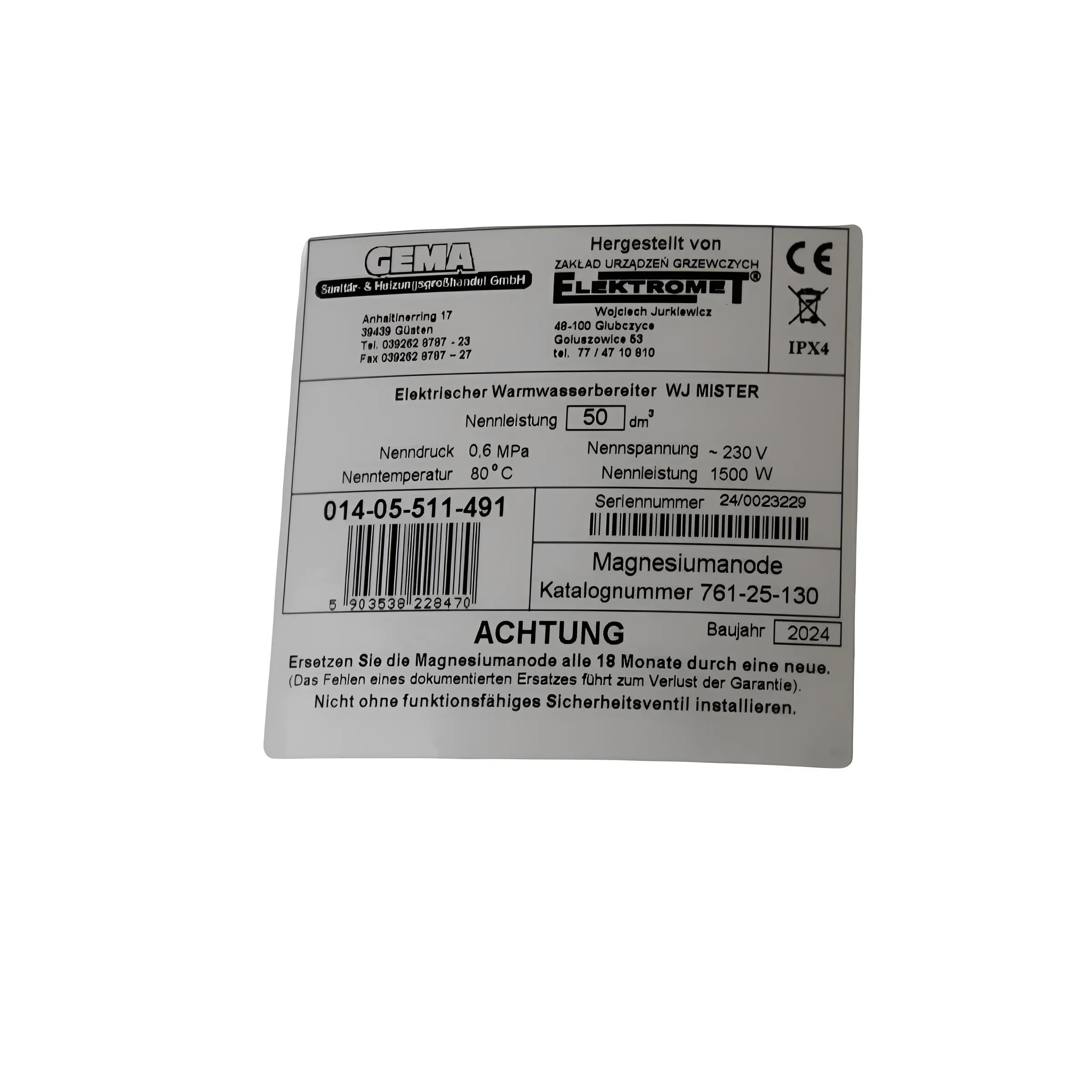 Etikett für Elektro Warmwasserbereiter, 50 l, 230 V, 1500 W, mit Sicherheitsinformationen und Herstellungsdetails.