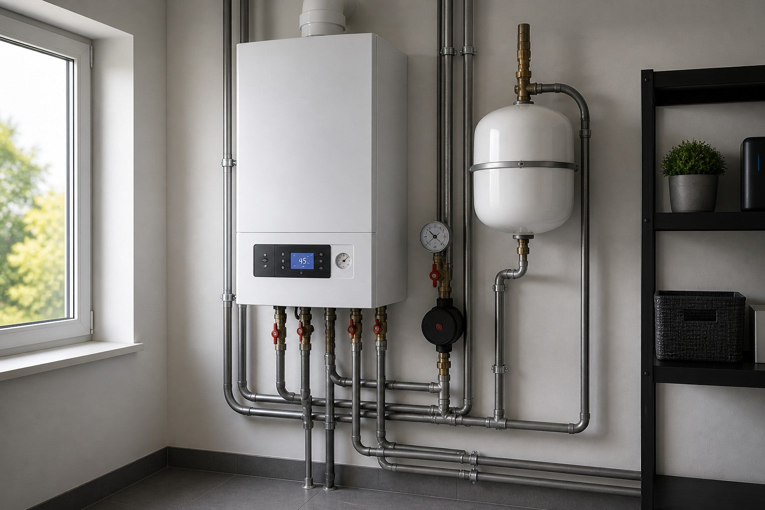 Elektrisk panna i modernt värmrum med rörinstallation och expansionskärl