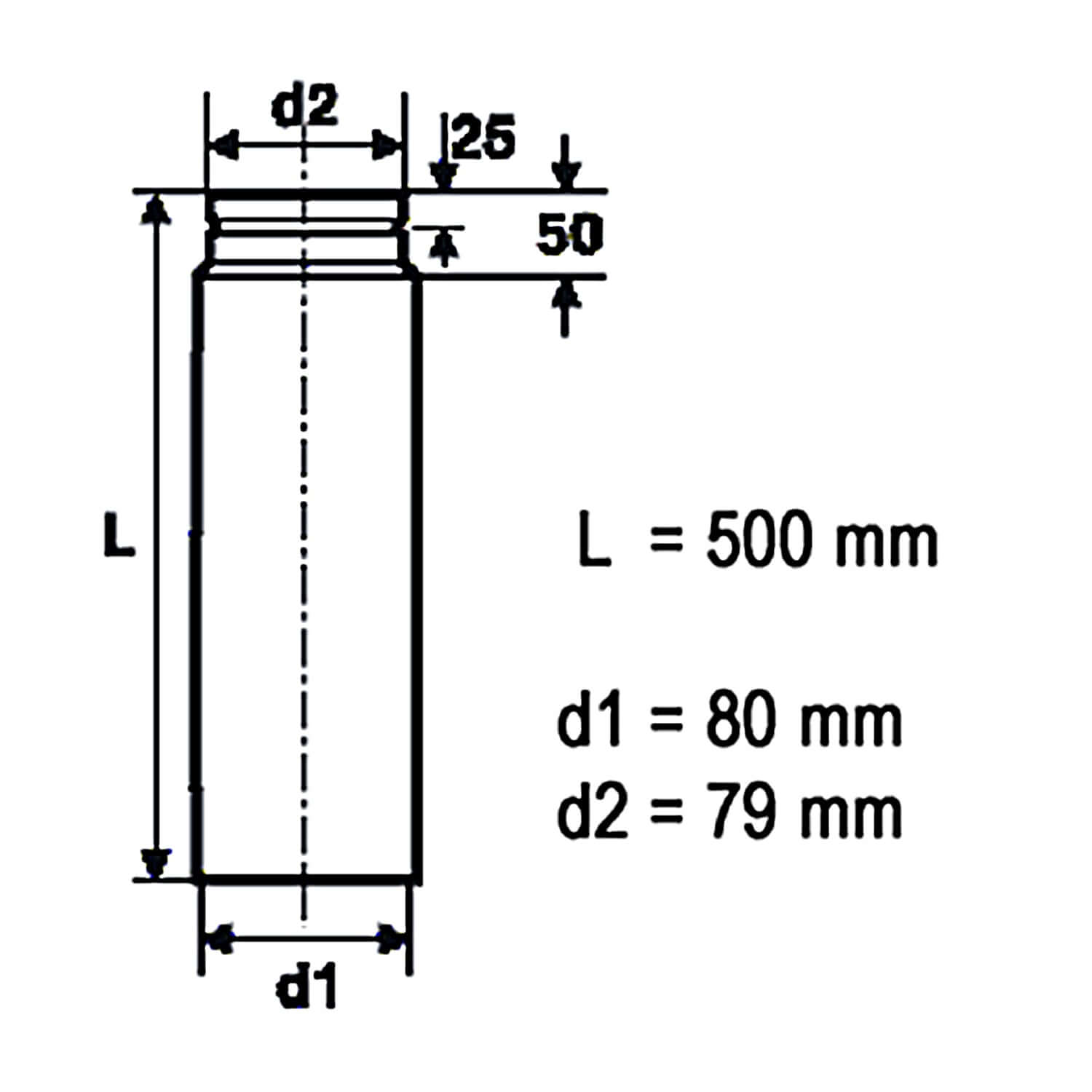 Technische Zeichnung eines Rauchrohrs für Pelletöfen, Maße: L=500mm, d1=80mm, d2=79mm. Ideal für Ofenanschlüsse.