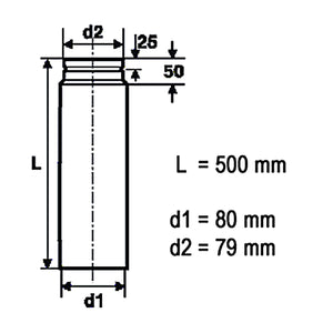 Technische Zeichnung eines Rauchrohrs für Pelletöfen, Maße: L=500mm, d1=80mm, d2=79mm. Ideal für Ofenanschlüsse.