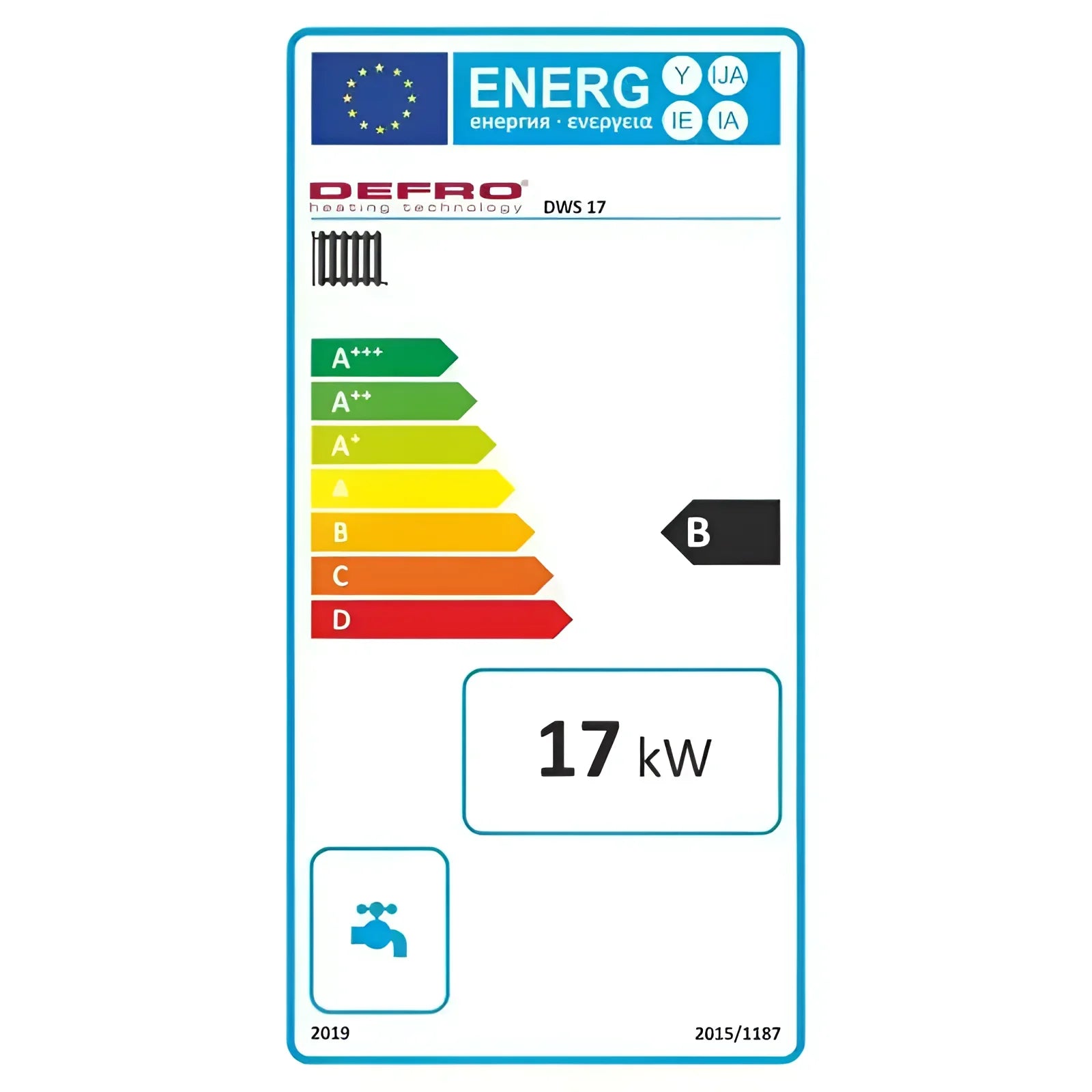 Energyeffizienz-Label für Festbrennstoffkessel der Heizkessel Serie Defro DWS 17 KW