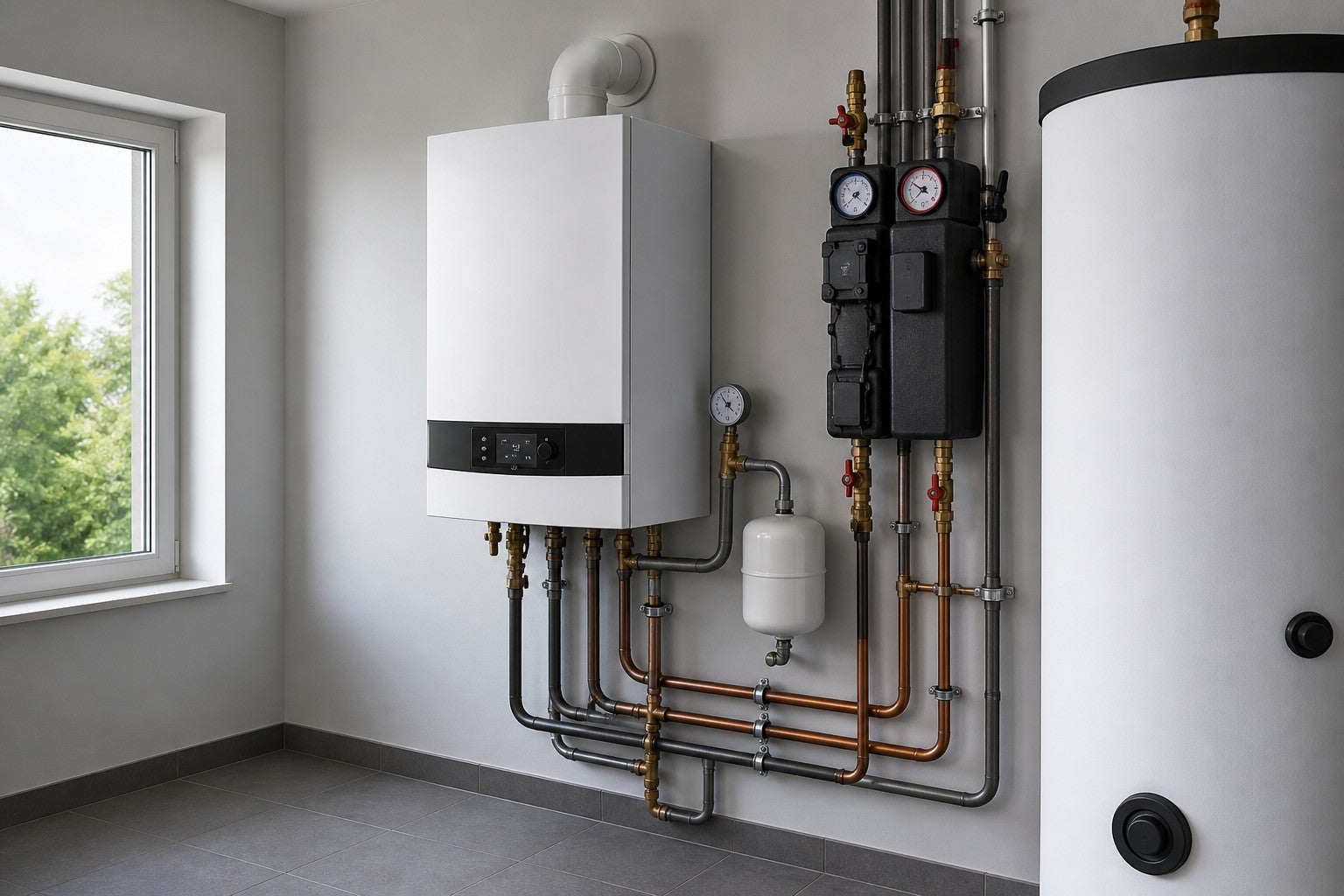 Gas-kondenseringspanna i modernt värmrum med ackumulatortank och ren rörinstallation