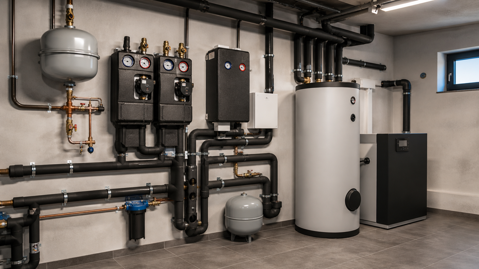 Värmetillbehör och systemteknik i rent installerat värmrum med pumpgrupp och armaturer