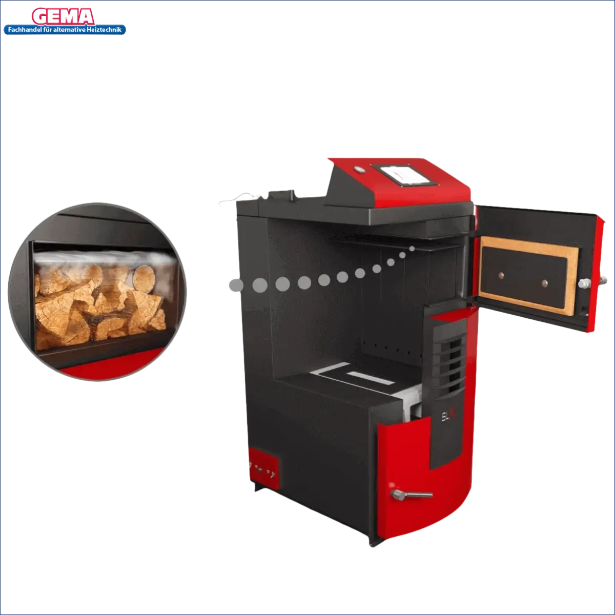 Rote und schwarze Holzvergaserheizung im Produkt Holzvergaser Attack SLX Lambda Touch 30 kW