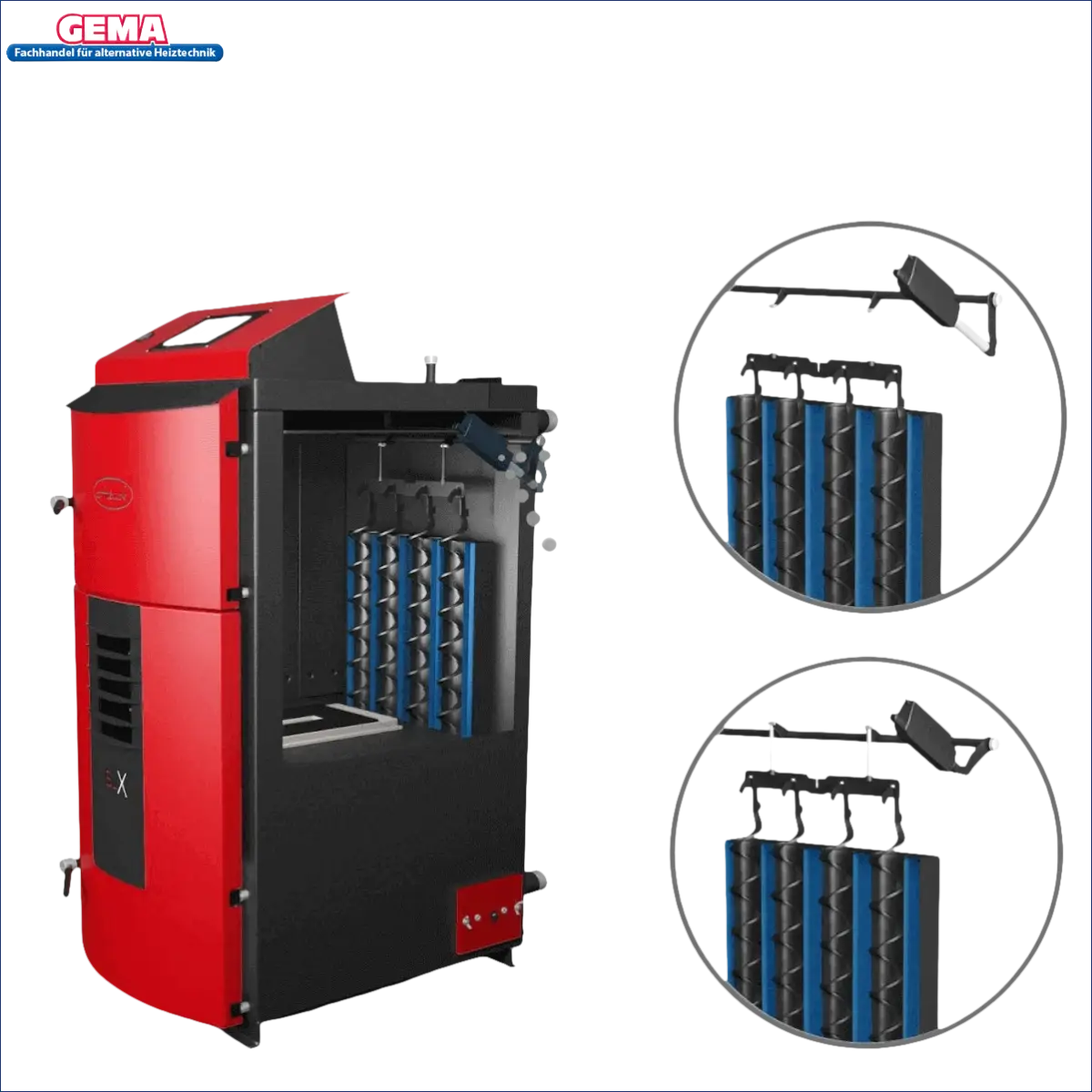 Rotes und schwarzes Heizungssystem des Holzvergaser Attack SLX Lambda Touch 30 kW